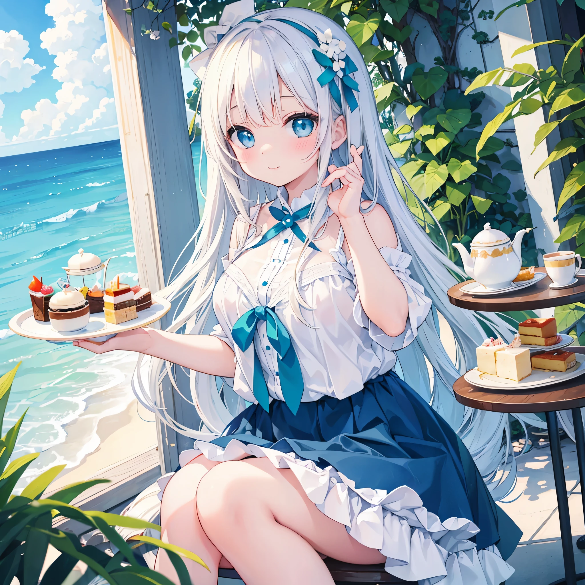 White House by the Sea、Chubby girl enjoying afternoon tea alone on a white terrace。Teal blue eyes、Blonde long hair、Ahoge。