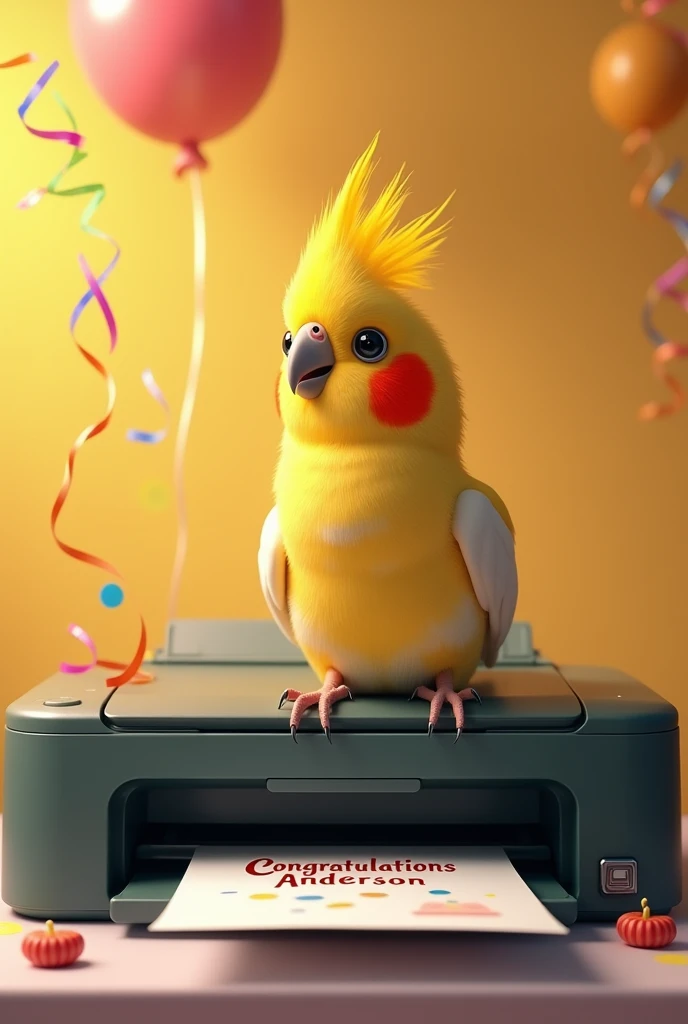 A birthday theme image written "Congratulations Anderson" with a cute cockatiel on top of a printer.