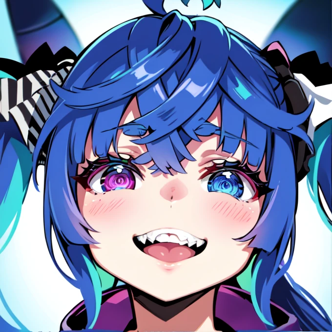 (​masterpiece,top-quality,hight resolution,Unity 8k,extremely details CG:1,Best Picture), ((cute)), illustration in the style of asanagi,perfect lighting,smiley face, grin, Tongue out, face with peace sign, Twin Turbo Umamusume,(aqua hair, twintails, heterochromia, purple eyes, blue eyes, sharp teeth), noise removal, an14, SimpleNegativeV3,