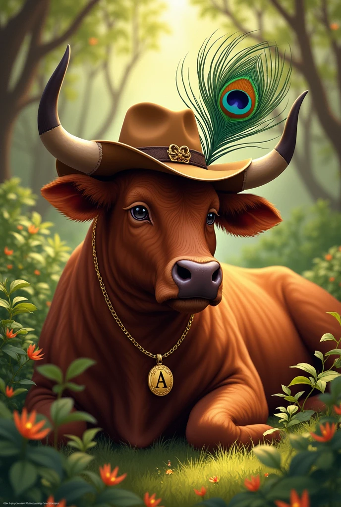 BROWN BULL LYING DOWN WITH A COWBOY HAT WITH A PEACOCK FEATHER, black eyes, IN A LANDSCAPE OF HERBS, WITH A GOLD NECKLACE WITH THE INITIAL AND THE PENDANT WITH THE INITIAL A , realistic disney , warm colors, by Greg Rutkowski, by Alphonse Mucha