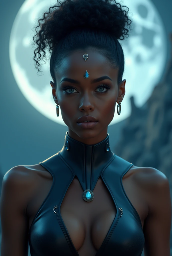 A woman with rich, dark brown skin stands tall, her piercing blue eyes fixed intently on the viewer. Her long, curly black hair is styled in a high bun atop her head, adorned with a small, intricate gemstone at her forehead. A subtle, crescent-shaped facial mark adds a touch of whimsy to her otherwise serene expression. Her full lips curve into a gentle smile, inviting the viewer to share in her confidence. Her upper body is clad in a sleek, futuristic outfit with a high neckline and high collar, showcasing her toned physique and modestly-covered medium breasts. The overall aesthetic is one of understated elegance, with a hint of mystery and otherworldliness. In the background, the soft glow of the moon casts a gentle, ethereal light, illuminating the woman's features and creating an air of quiet contemplation. A faint, luminescent aura surrounds her, as if she is radiating an inner light, drawing the viewer deeper into her enigmatic presence. The image is shot in a straight-on, head-on format, capturing the woman's full figure without any distortion or bias. The film grain is smooth and refined, with a subtle blue tint that enhances the overall atmosphere of mystery and calm. The lighting is backlit, with a soft, cream-colored glow emanating from the moon and wrapping around the woman's figure, creating a sense of depth and dimensionality. The color palette is muted, with a focus on blues and blacks that adds a sense of gravitas and intensity to the overall mood. The image is styled in a way that evokes the cinematography of Christopher Nolan, with its use of soft lighting, muted colors, and unobtrusive camera movements creating a sense of intimacy and vulnerability. The overall effect is one of haunting beauty, as if the woman is a mystical, otherworldly being, radiating an aura of quiet strength and inner light.