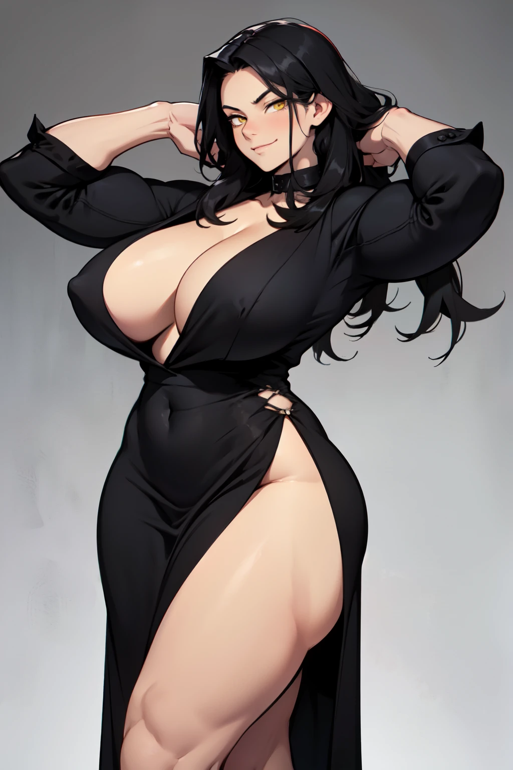 huge breasts huge muscles muscular girl black hair yellow eyes pale skin cocky smug confident expression smug confident expression silk black dress