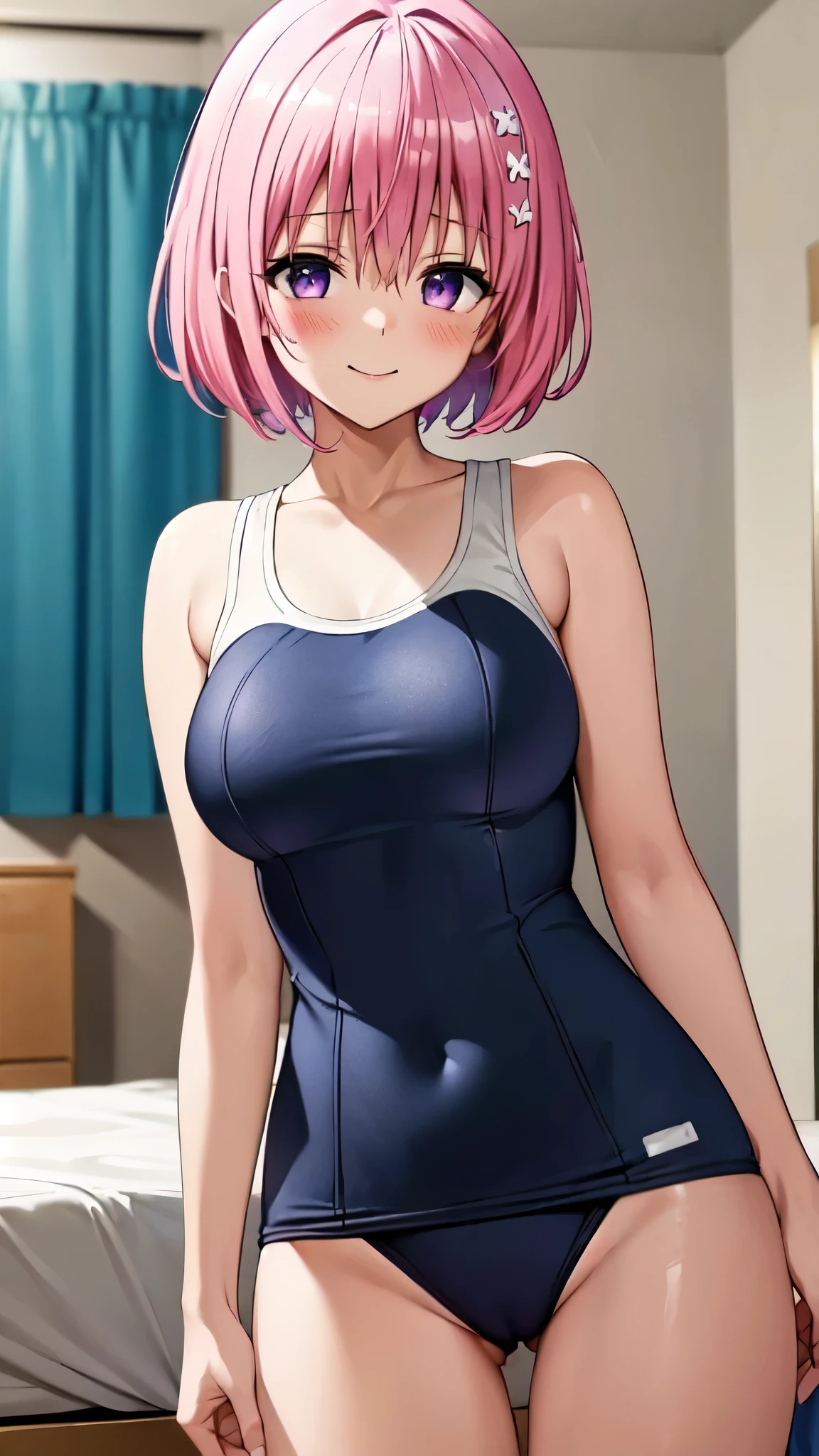 8k,Highest,quality,(highest quality:1.1), (masterpiece:1.4), (Confused:1.0),
1 person, Deviluke Type, hair ornaments, Bobcut, Short Hair Pink Hair, Purple eyes, Narrow waist,medium breasts, ((Navy blue school swimsuit)), ((((In her room)))), (blush:1.2), smile,(Perfect Fingers),Heavy breathing,((Pussy Line)),