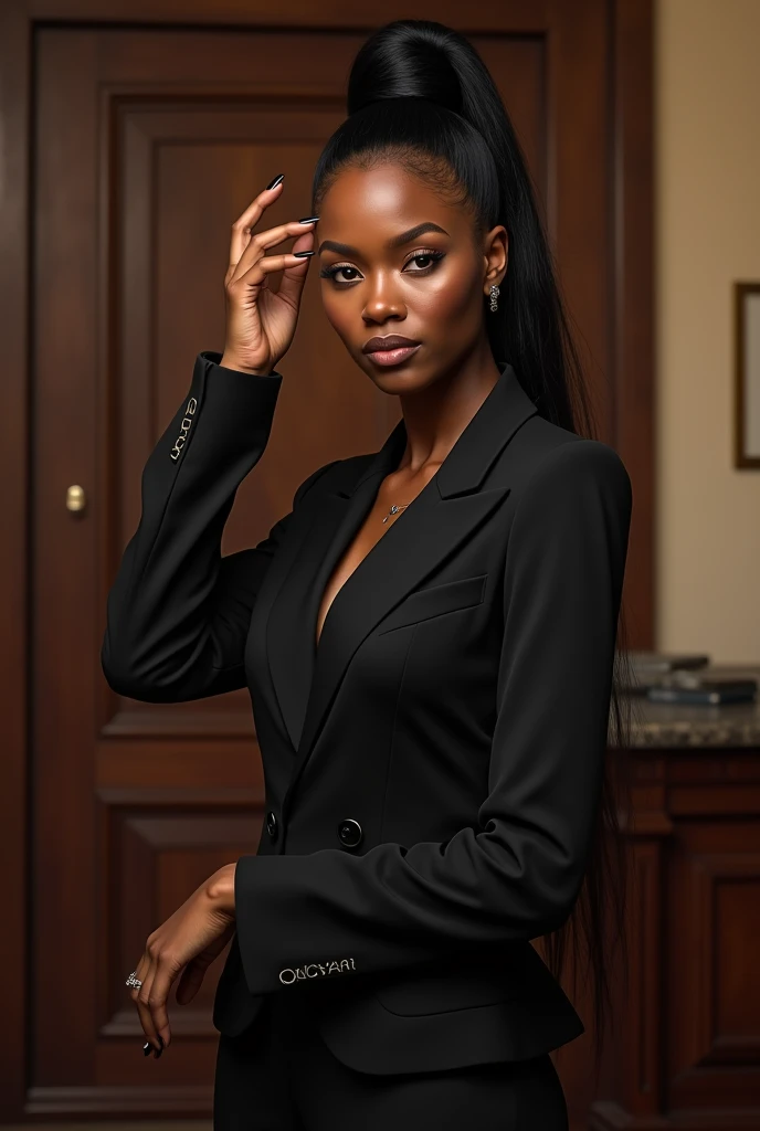 beutifull black woman standing looking at camera and tying her hair back, at an office in style of the godfatter movies,