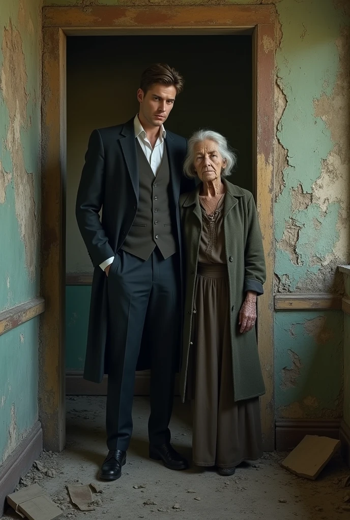 Handsome stately young man stands in a dilapidated house next to an old mother