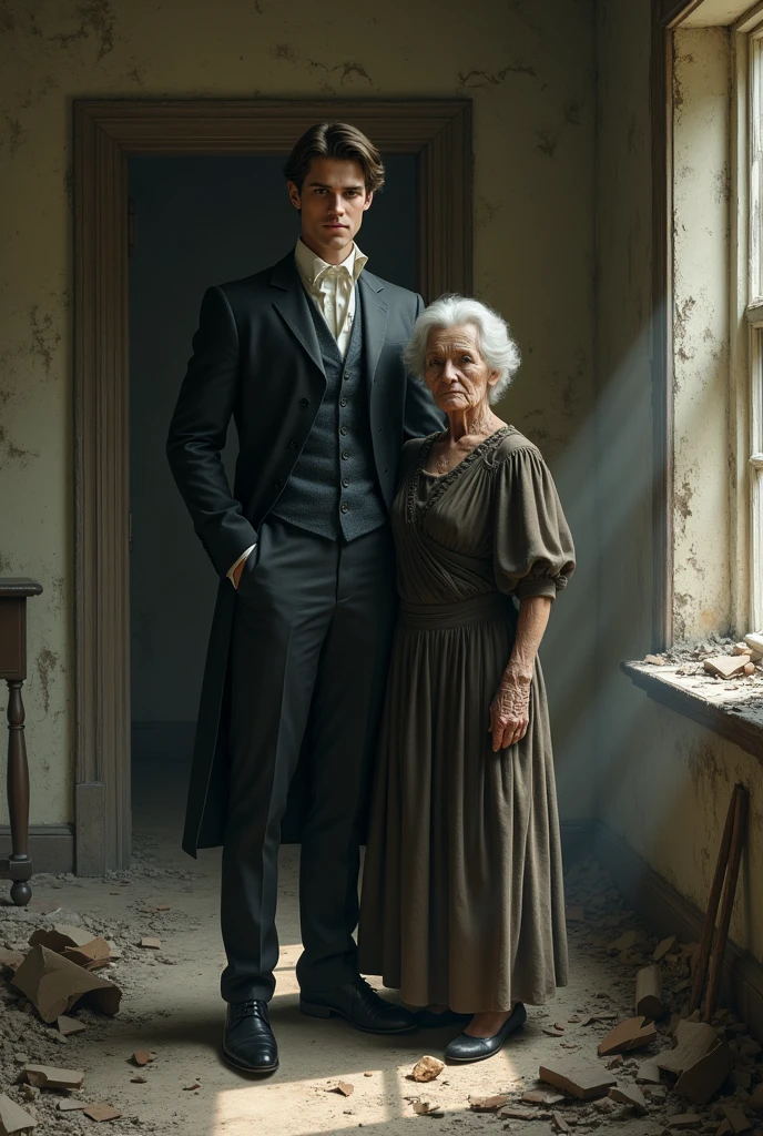 Handsome stately young man stands in a dilapidated house next to an old mother