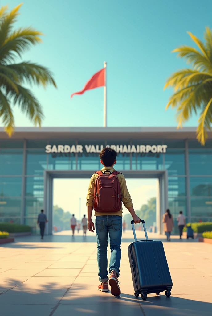 Boy caring a backpack on shoulder and trolly bag in hand going towards airport. Airport name is Sardar Vallabhbhai Airport , Ahmedabad pov from behind boy. Boy is 20 years old. Show airport entrance gate in front of boy