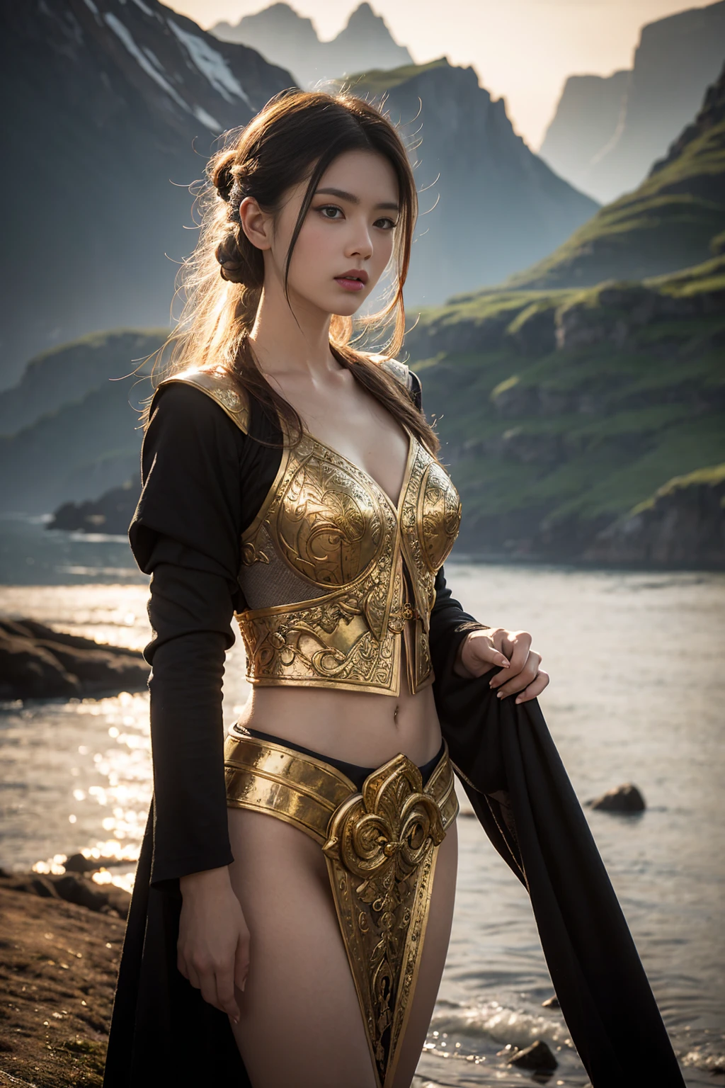 A captivating photograph of a beautiful and sensual Viking woman, dressed in intricately designed armor, set in a dramatic landscape with fjords in the background, soft golden lighting, cinematic atmosphere, alluring gaze, hyper-realistic details, art inspired by classical erotic art films, 4k resolution, masterpiece