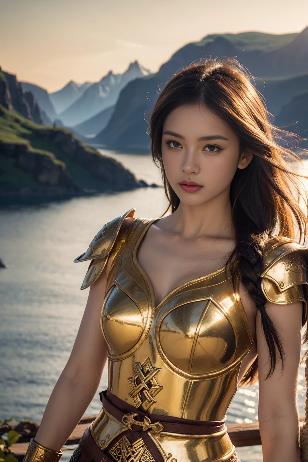 A captivating photograph of a beautiful and sensual Viking woman, dressed in intricately designed armor, set in a dramatic landscape with fjords in the background, soft golden lighting, cinematic atmosphere, alluring gaze, hyper-realistic details, art inspired by classical erotic art films, 4k resolution, masterpiece