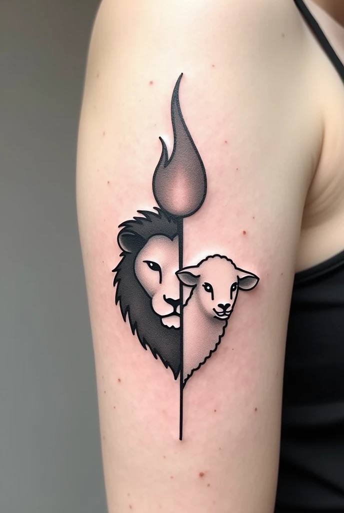 Minimalist tattoo of a lion&#39;s face looking to the left, Below it is the face of a lamb looking to the right and a large flame between them.