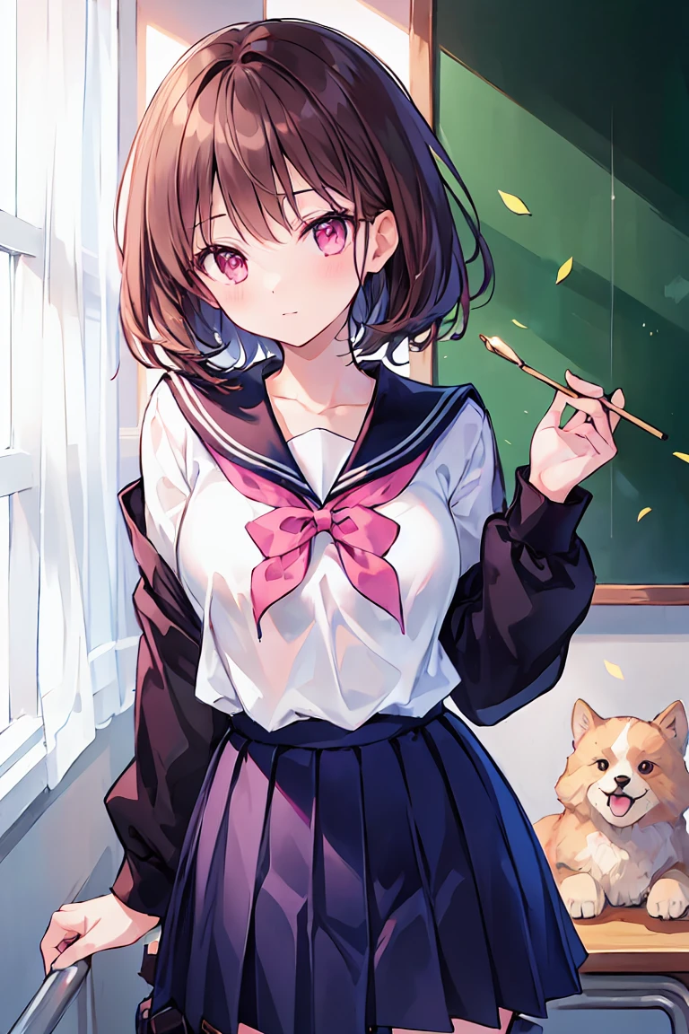 Dark brown hair color,Pale pink eyes,Navy blue school top,Navy Straight Skirt,Kind girl,8K,Ultra HD,beautiful、doggystyle