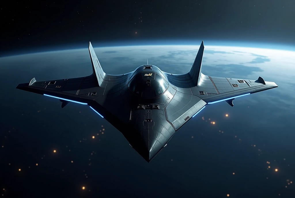 Hyper-advanced 7th generation space-capable stealth fighter, absolutely no vertical stabilizers or tail surfaces of any kind. Perfectly symmetrical flying wing design with ultra-smooth blended body. Extremely low-observable shape with faceted surfaces and no visible joints or seams. Completely flat upper and lower surfaces with no protrusions. Unmanned, no cockpit visible. Ultra-black light-absorbing coating with subtle hexagonal pattern. Retractable weapon bays seamlessly integrated into the wing-body. Quantum AI core hidden within. Swarm of small stealthy drones in symmetrical formation around the craft. Advanced space propulsion system with faint blue glow at rear edges only. Self-repairing smart skin with uniform texture. Holographic displays projected internally. Flying in deep space with Earth as a small blue marble in far background, surrounded by vivid starfield. Photorealistic, highly detailed, dramatic lighting emphasizing stealth contours, 8K resolution, front three-quarter view showing perfect bilateral symmetry and sleek, tailless profile.