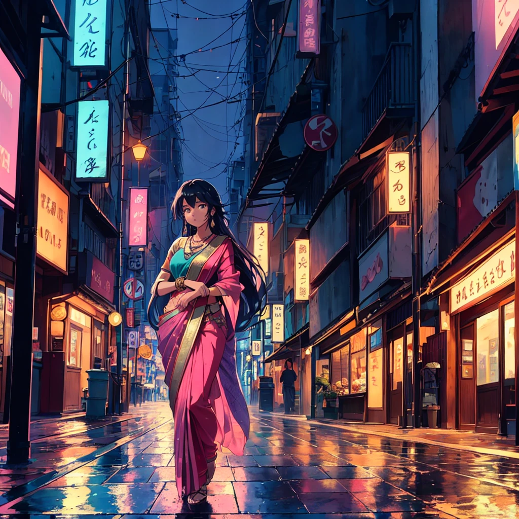 anime style, featuring a young woman with long, flowing black hair and fair skin. She is wearing a traditional pink sari with intricate gold embroidery, and gold jewelry including earrings and a necklace. The background depicts a rainy, neon-lit street scene with reflections on the wet pavement, showcasing buildings with glowing signs and parked cars. The overall color palette is a mix of cool blues and purples, contrasted with the warm pinks and golds of the subject's attire. The atmosphere is both serene and vibrant, capturing a blend of traditional and modern elements.