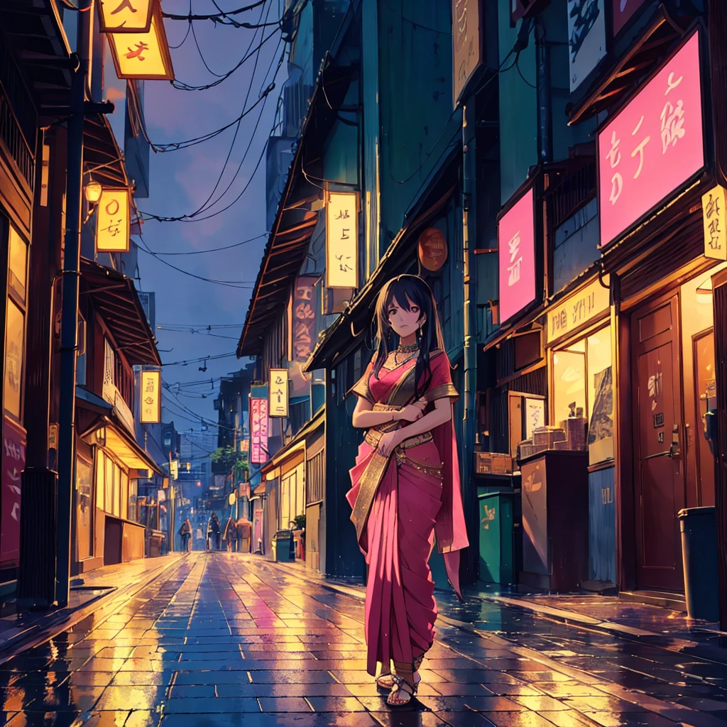 anime style, featuring a young woman with long, flowing black hair and fair skin. She is wearing a traditional pink sari with intricate gold embroidery, and gold jewelry including earrings and a necklace. The background depicts a rainy, neon-lit street scene with reflections on the wet pavement, showcasing buildings with glowing signs and parked cars. The overall color palette is a mix of cool blues and purples, contrasted with the warm pinks and golds of the subject's attire. The atmosphere is both serene and vibrant, capturing a blend of traditional and modern elements.