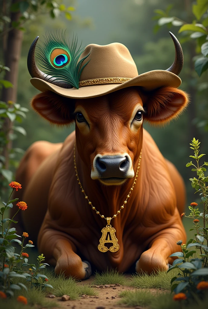 BROWN BULL LYING DOWN WITH A COWBOY HAT WITH A PEACOCK FEATHER, black eyes, IN A LANDSCAPE OF HERBS, WITH A GOLD NECKLACE WITH THE INITIAL AND THE PENDANT WITH THE INITIAL A REALISTA , warm colors, by Greg Rutkowski, by Alphonse Mucha