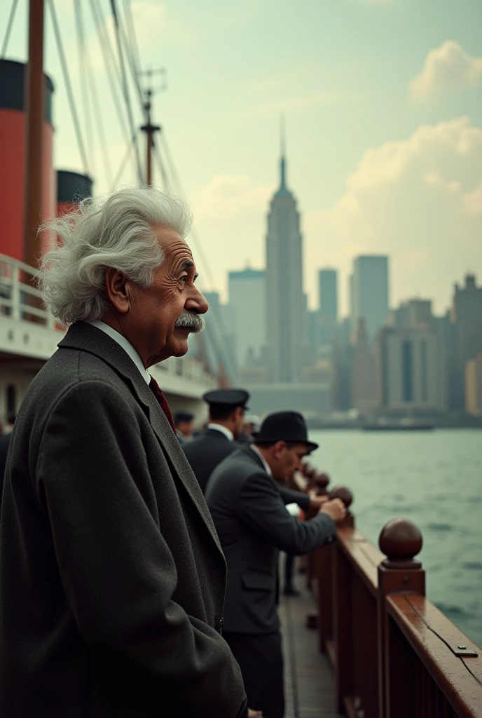 .

3. **Immigration**: Create an image of Albert Einstein arriving in the United States in the 1930s. Include elements such as an ocean liner or an immigration checkpoint, with a historical New York City skyline in the background.
