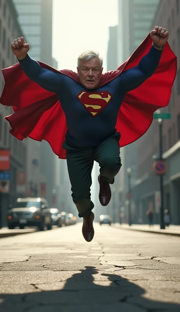 **The 60-year-old man gray hair, now Superman, springs from his crouched position and leaps high into the air, soaring upwards with impressive power. The crack in the pavement below becomes a distant detail as he ascends, cape billowing dramatically behind him.**