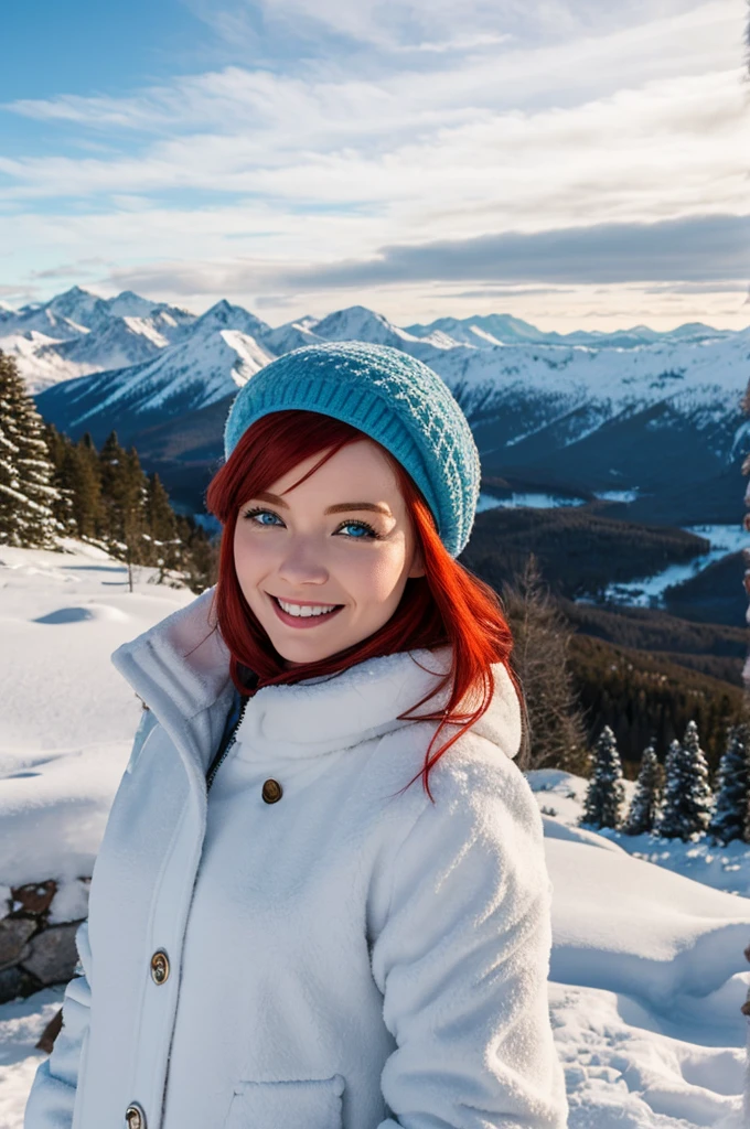 /imagine A woman with vibrant red hair and light ocean blue eyes, wearing a stylish blue jacket and a classic white beret, taking a selfie from atop a snow-covered mountain on a crisp winter day. The scene captures a panoramic view of snowy peaks and clear blue skies, with the woman's joyful expression and the soft winter light illuminating her features. The image should be a high-definition, realistic photograph, emphasizing the serene, cold atmosphere and the contrasting warm tones of her outfit against the snowy landscape. --ar 16:9 --v 5 --q 2