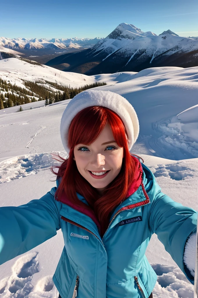 /imagine A woman with vibrant red hair and light ocean blue eyes, wearing a stylish blue jacket and a classic white beret, taking a selfie from atop a snow-covered mountain on a crisp winter day. The scene captures a panoramic view of snowy peaks and clear blue skies, with the woman's joyful expression and the soft winter light illuminating her features. The image should be a high-definition, realistic photograph, emphasizing the serene, cold atmosphere and the contrasting warm tones of her outfit against the snowy landscape. --ar 16:9 --v 5 --q 2