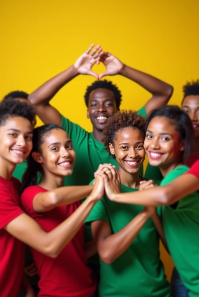 Create an image with a group of young people dressed in green and red shirts making the number 15 with their hands, cheerful and vibrant background. The image must be all Blurred Blurred.