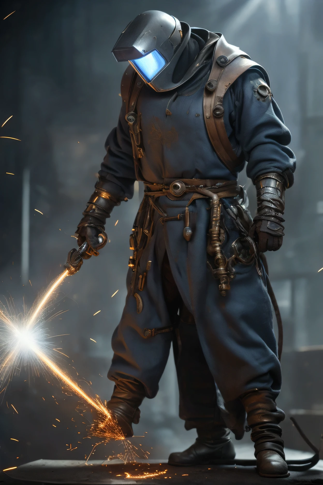 The welder appears as a strong and robust man., but with a halo of almost supernatural power. He wears a dark leather jumpsuit, reinforced with metal plates that appear to be cast with arcane technology, emitting a faint electric blue glow. Your welding mask is more than just protection; It is decorated with glowing runes that are activated by welding, protecting it from sparks with an energy shield. The eyes behind the mask emit a faint glow, as if they had the ability to see beyond the physical, scanning and analyzing every detail of the metal in front of him.
Around it, The workshop is a place full of tools that seem to have been forged in another time., oldest and full of secrets. The walls are covered with ancient blueprints and complex diagrams., which not only detail the heavy machinery that it builds, but also the intricate spells and formulas he uses to infuse his creations with an almost magical force..
While working, Each spark your weld emits not only illuminates the area, but seems to dance in the air, forming brief symbols before fading away. The metal pieces you weld are not common; They are made of a special alloy, able to withstand not only physical force, but also mystical energies.
The sky outside the workshop is dark and stormy, with rays crossing the horizon, but instead of creating a sinister atmosphere, It seems that all the energy of the storm is channeled into your work, giving him extra power to complete his tasks. The machinery he builds is colossal, almost alive, with gears and components that seem to pulsate with an internal energy, ready to be activated.
This welder is not just a craftsman; He is a creator in the purest sense, Fusing advanced technology with arcane forces. Every move is a mix of skill and magic, Transforming metal into more than just machinery; turns it into a brand