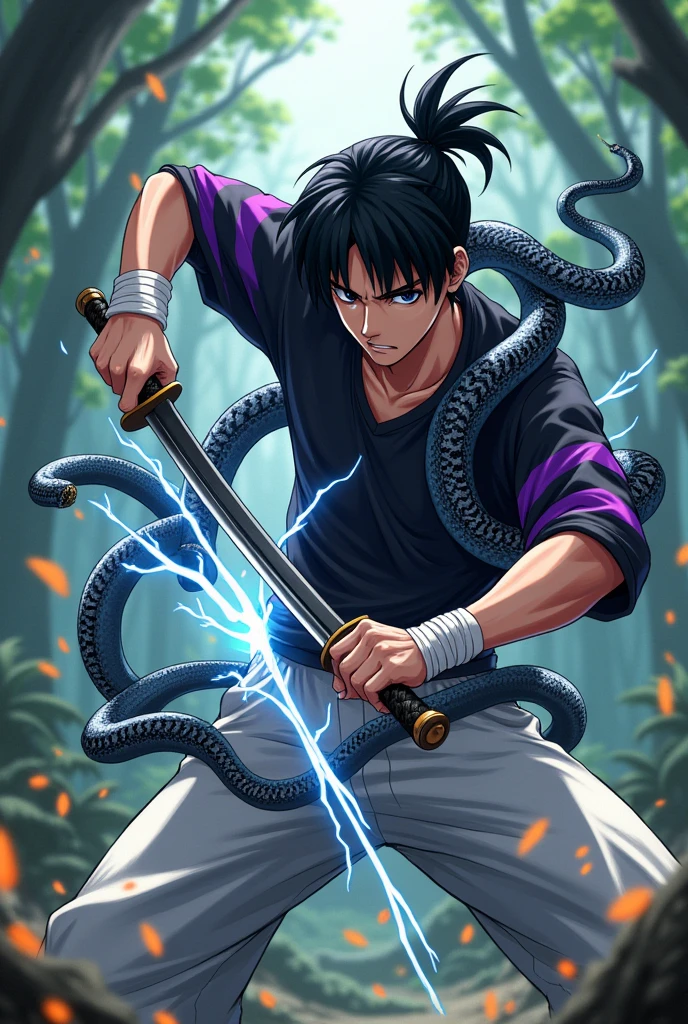 25 year old young anime man character with black hair with ponytail and black eyes upset with a black shirt with purple stripes with snakes, white pants, Katana with lightning and fire hand and in a forest with bandages on his hands with 6 black and white snakes on his body, fighting a white man with black spots and black hair full body