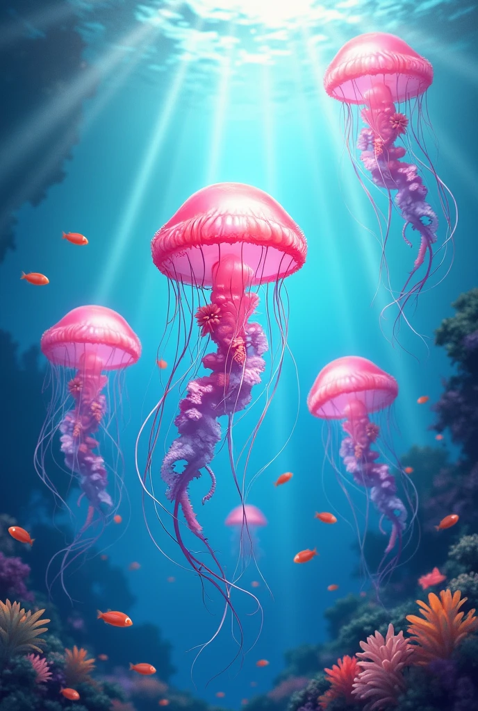 pink jellyfishes and fishes