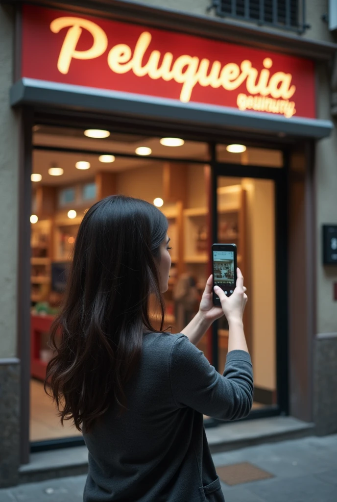 A lady on the street , front a BEAUTYSHOP( You can see the lady from behind and you can see the sign where it is write" PELUQUERIA" sHe is holding the phone in his hand pointing towards the display case.(as if I like she recording with the mobile camera