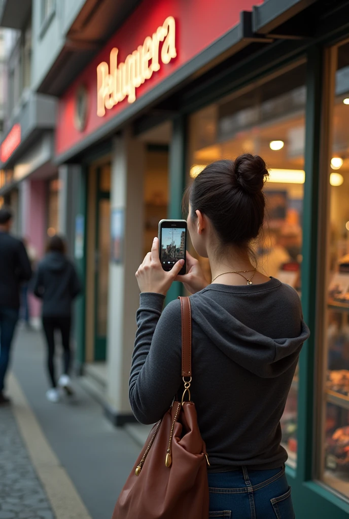A lady on the street , front a BEAUTYSHOP( You can see the lady from behind and you can see the sign where it is write" PELUQUERIA" sHe is holding the phone in his hand pointing towards the display case.(as if I like she recording with the mobile camera