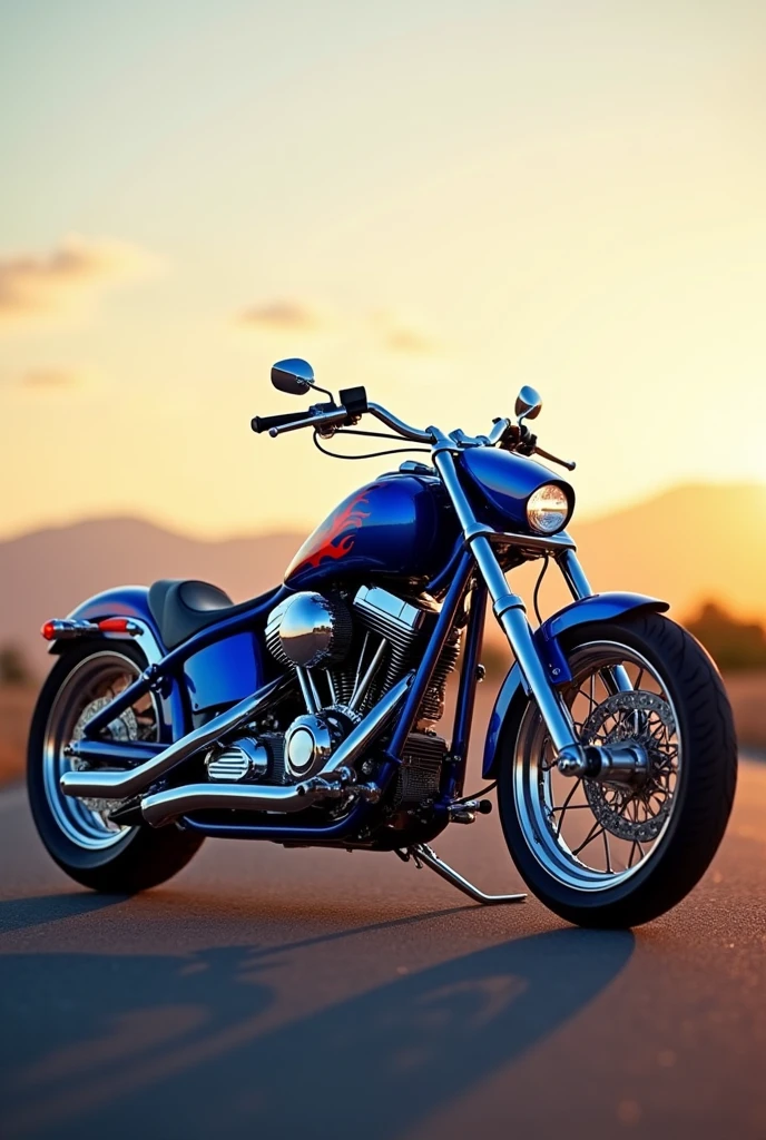 Chopper motorcycle painted blue with red flames