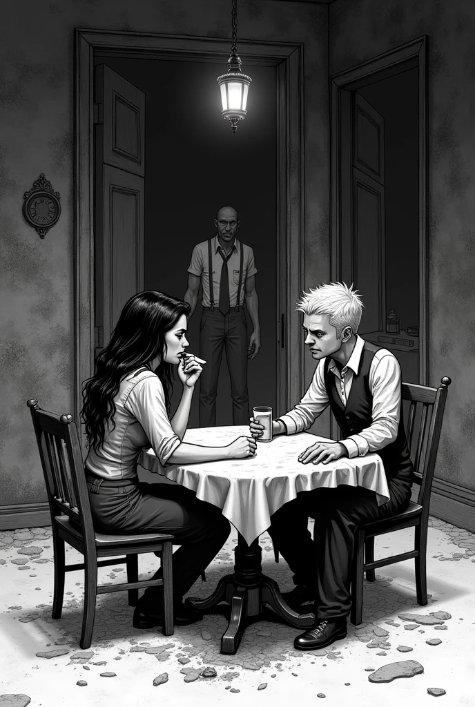 Create a lineart illustration Setting: Dark and Decadent Environment: Illustrate the setting of the meeting, with a crooked table, an unwashed glass, and a scrawny waiter in the background. Notwen might be wiping her mouth with a handkerchief, while eyeing Jeremy with a mixture of irritation and disdain. The atmosphere should be dark and oppressive, reflecting the sinister nature of the meeting.