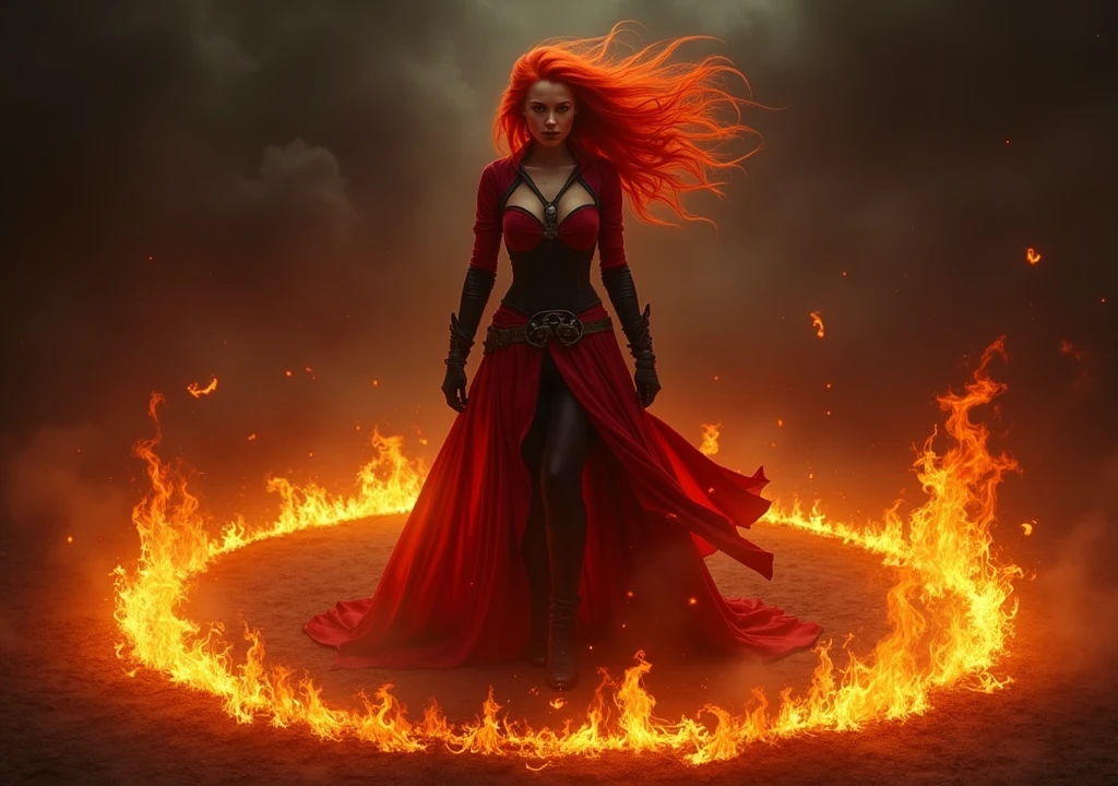 red-haired woman,in red and black revenge clothing in a circle of fire on the ground,deep in the darkness