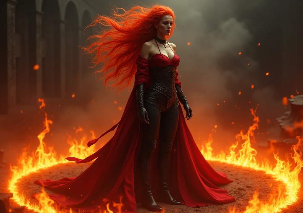 red-haired woman,in red and black revenge clothing in a circle of fire on the ground,deep in the darkness 
