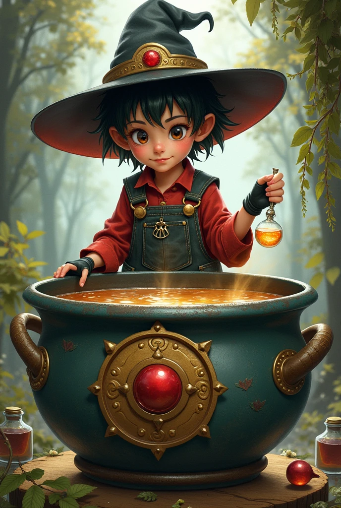 A boy wizard apprentice to an Alchemist wearing black gardening overalls over a red long-sleeved blouse, a white sneaker and a black hat with red pointy top and wears black fingerless gloves, make him holding the transformation potion, he is in his magic cauldron, and your cauldron has a medallion with a red stone in the middle for decoration, he has short hair.