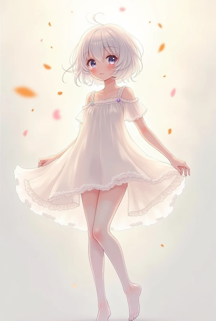 Anime shoujo，White transparent dress，White transparent stockings，white short hair，Shy personality，Small chest，No shoes