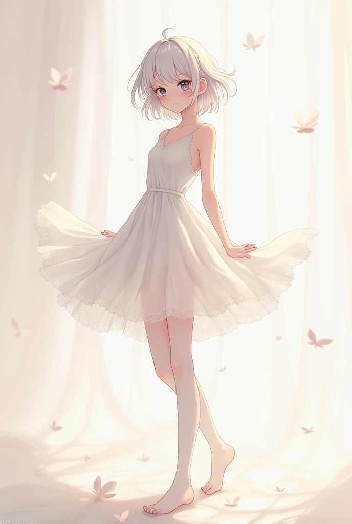 Anime shoujo,White transparent dress,White transparent stockings,white short hair,Shy personality,Small chest,No shoes