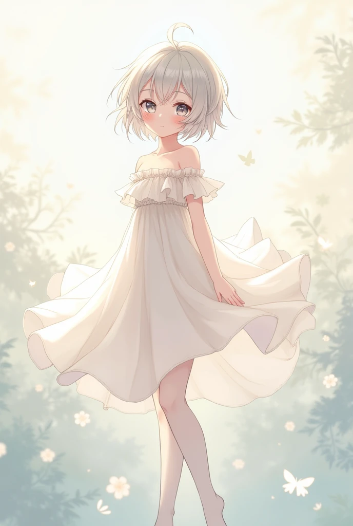 Anime shoujo,White transparent dress,White transparent stockings,white short hair,Shy personality,Small chest,No shoes