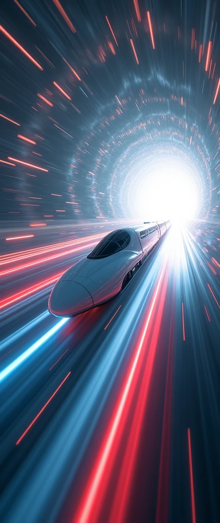 masterpiece,Highest quality,Ultra-high resolution,(Very detailed),8k,Realistic,Best aesthetics,beautiful,(A train-shaped spaceship warping:2.0),(sf:2.0),(A beautiful white spaceship resembling a streamlined bullet train:2.0),(dynamic,Shot from below the spacecraft),(Expressing superluminal speed with beautiful lines of seven colors of light:2.0),(The background is a wormhole and subspace.:2.0),(Motion Blur)