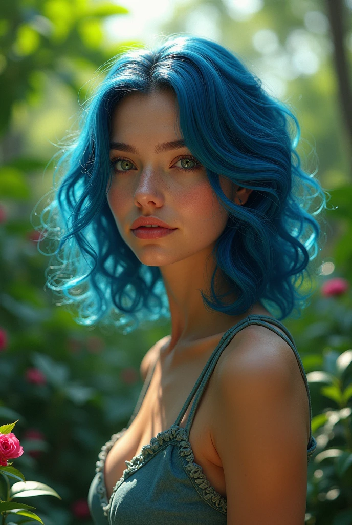 The ultra-realistic image features a 21 year-old girl with vibrant blue, curly hair that shines under the soft sunlight filtering through the treetops. She is set against a lush, exuberant forest backdrop, where the greenery is dense and vibrant, with shiny leaves and colorful flowers contrasting.
