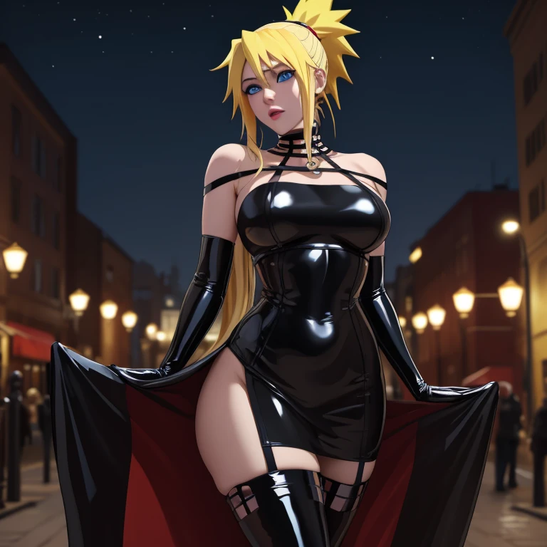 masterpiece, Best quality, чрезвычайно подробно 8k cg, a high resolution, 1 girl, Naruto Uzumaki, ponytail, traces of sideburns, blonde hair, Blue eyes, Perfect eyes, slender body, , Artificial breasts, standing, Black latex dress, Black latex stockings, heels, black latex gloves, seductive face, on open air, USA, Night time, Beautiful face, wide angle photo, whole body