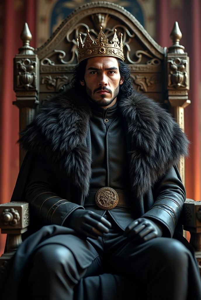 jon snow with gold crown sitting on throne from game of thrones 