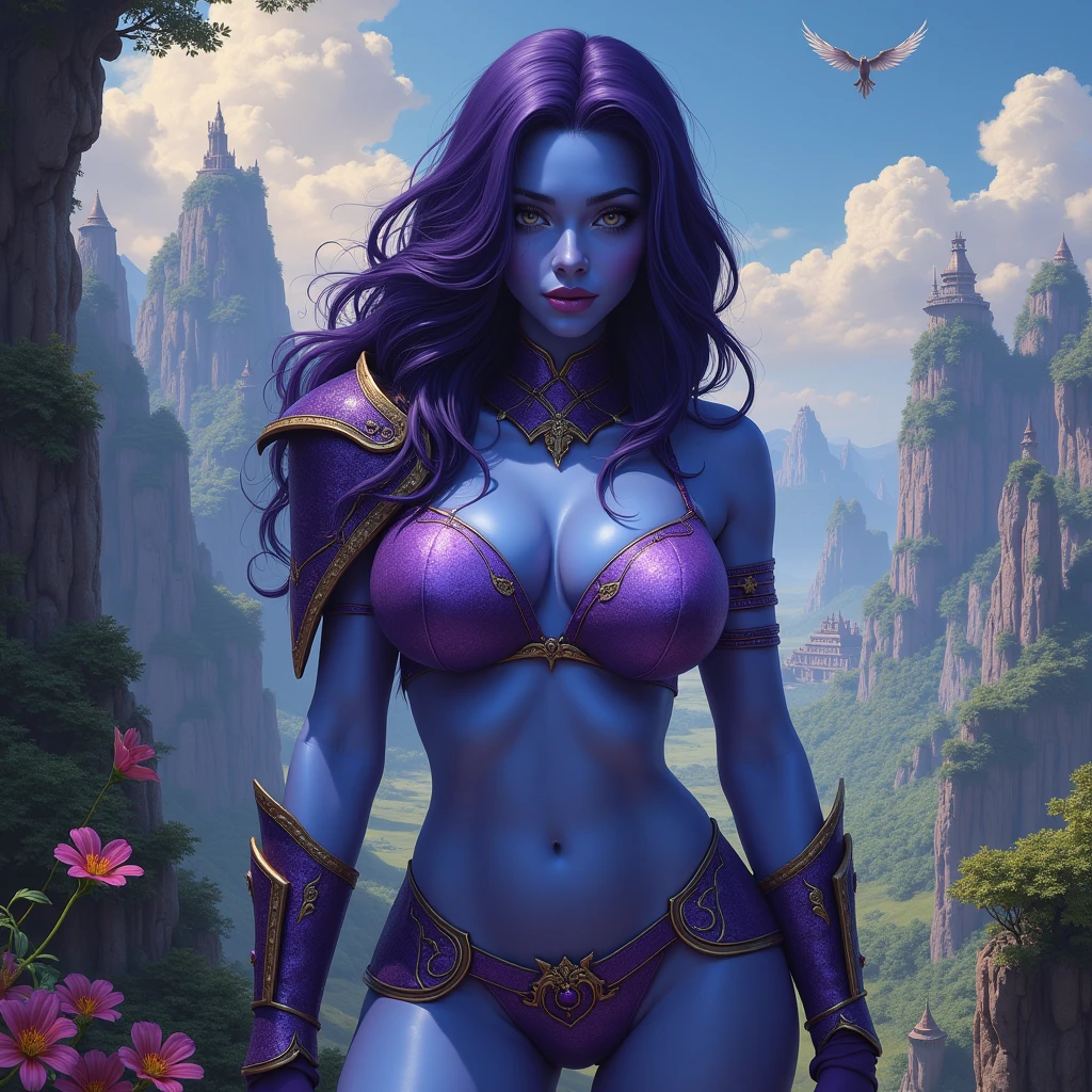  A beautifully detailed painting in the style of classic fantasy artists such as Frank Frazetta, Julie Bell, Boris Vallejo, and Brom. The image features a curvy, dark fantasy female warrior with blue skin and long, voluminous dark purple hair. She wears purple bikini armor with an armored collar and shoulder pads, embellished with gold trim. Her face is intricately detailed, with lavender-colored eyes, narrow eyes, long eyelashes, and full, detailed lips. Her athletic, curvy body is depicted with a strong, confident presence. She is posed atop a cliff, overlooking an exotic landscape. The landscape below is filled with lush, alien flora, towering mountains, and a distant, mysterious city. The sky is a deep, otherworldly hue, filled with strange clouds and celestial bodies, adding to the sense of an otherworldly adventure.