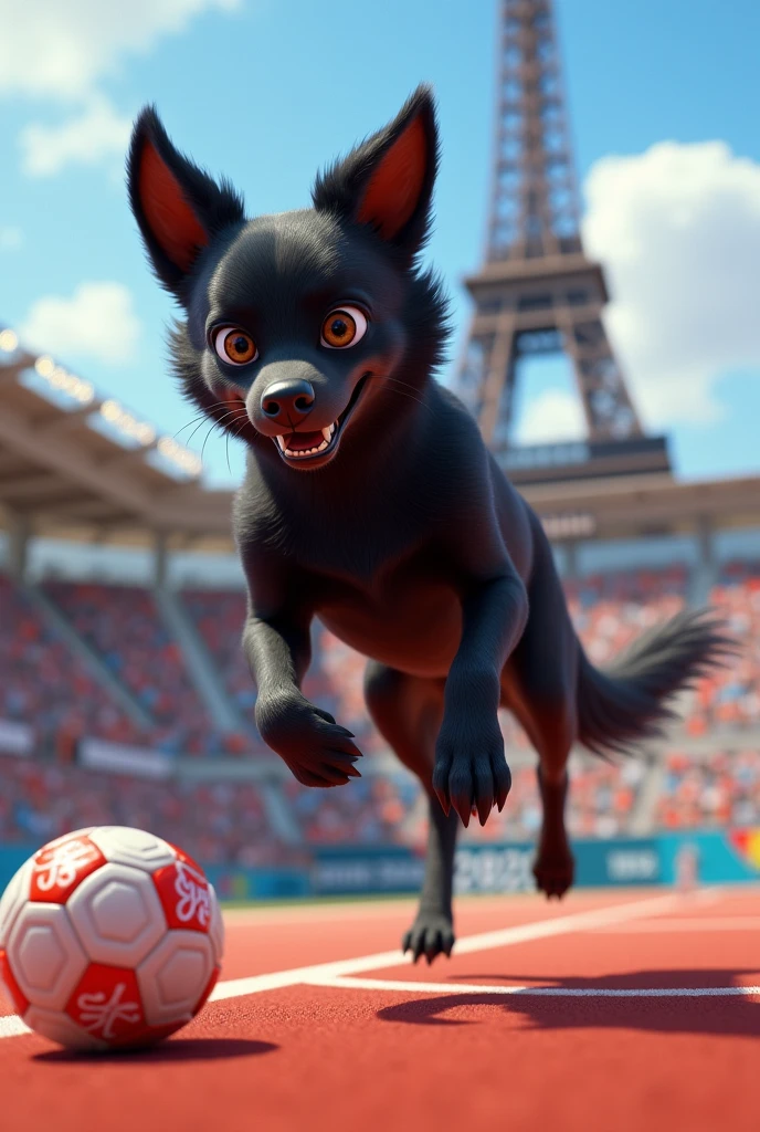 CREATE A BLACK DOG THAT LOOKS LIKE A BORDER COLLIE BUT ALL BLACK WITHOUT WHITE AS IF SHE WAS PLAYING FOOTBALL AT THE 2024 PARIS OLYMPICS WITH A DISNEY PIXAR STYLE DESIGN