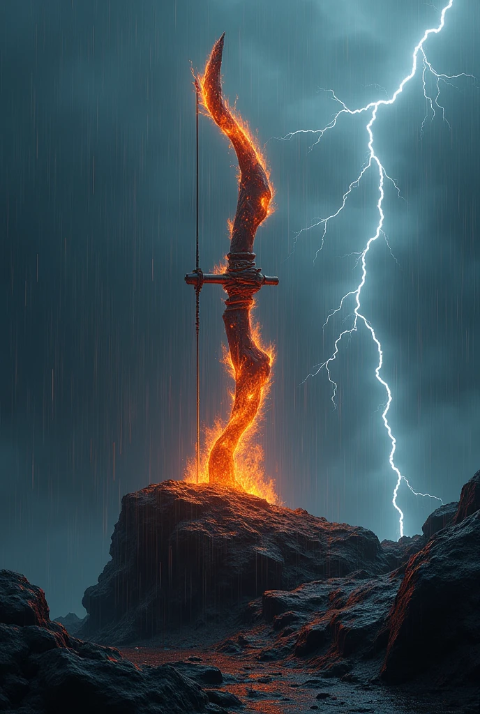 historycal realastic fire symbol included the bow on black rock with heavy rain and thunder weather condition