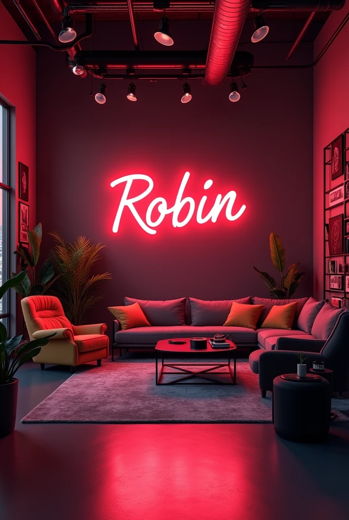 creat an image of expensive YouTube studio room with a subtle neon board with statement in bold "Robin" . make sure that none of the letters in the text is misspelled .