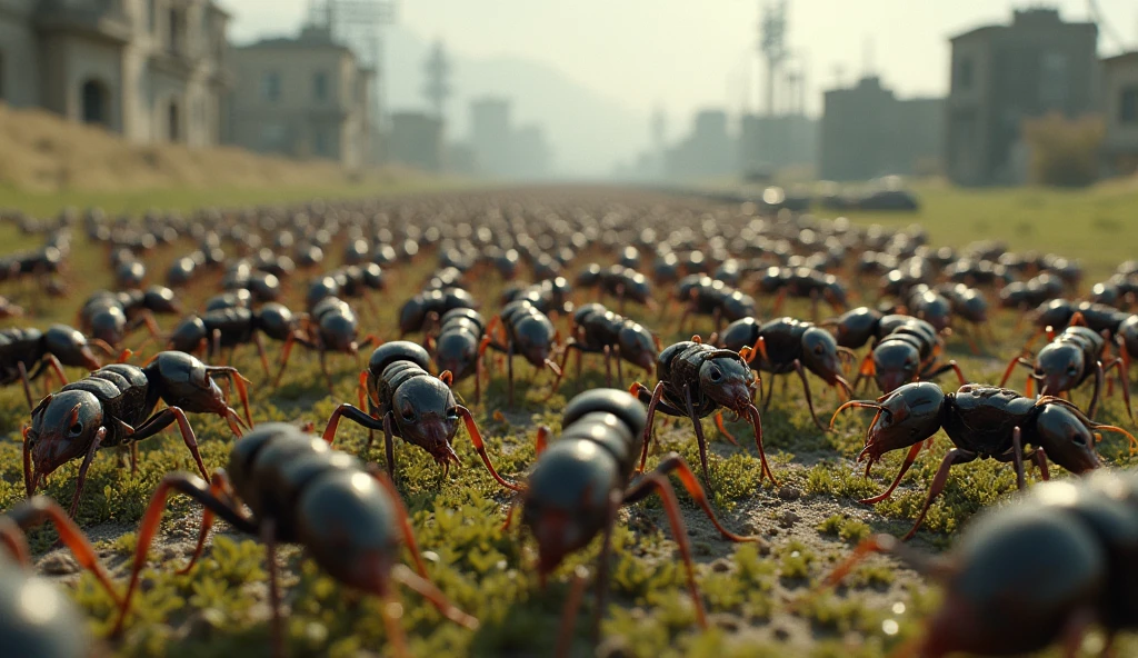 Create a realistic close-up image of ants taking over the world