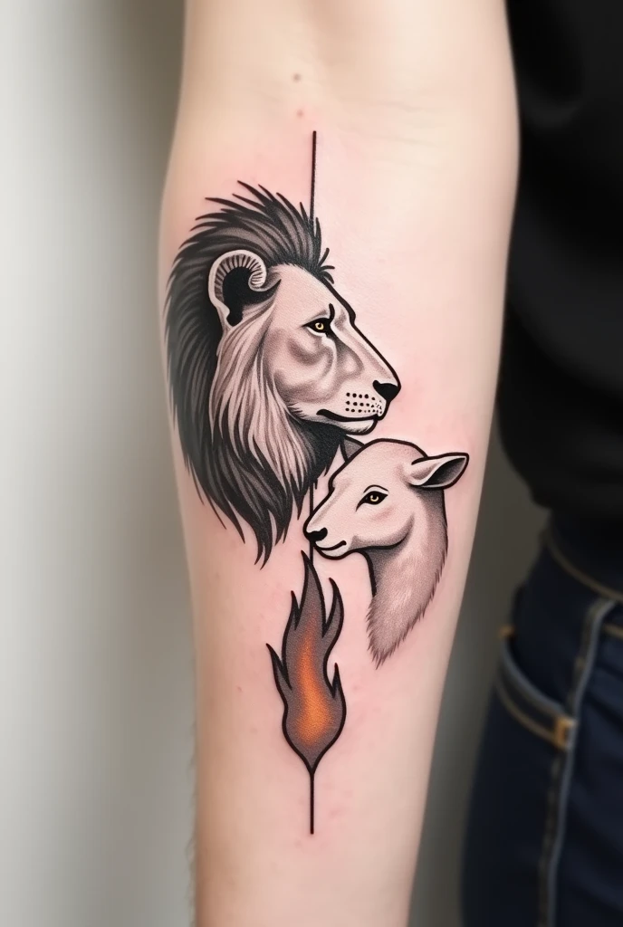 Minimalist tattoo of a lion&#39;s face looking to the left, Below it is the face of a lamb looking to the right and a large flame between them.