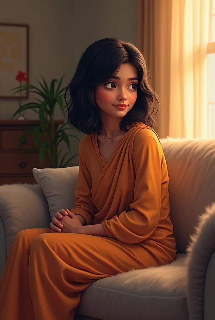 A Indian girl medium hair medium breast sitting on sofa