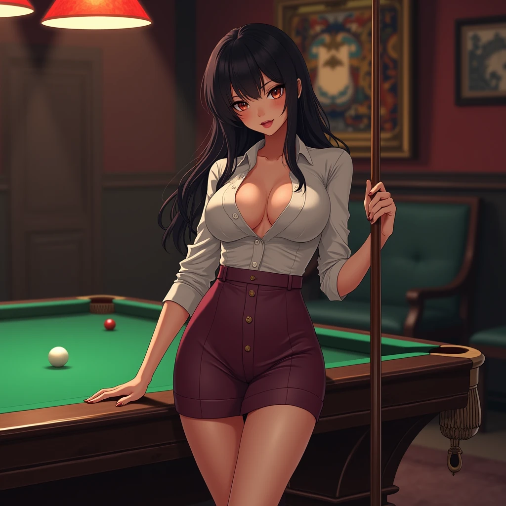 Anime Woman with huge breasts holding a cue stick standing next to a pool table seductively wearing a button down shirt with a very short skirt 
