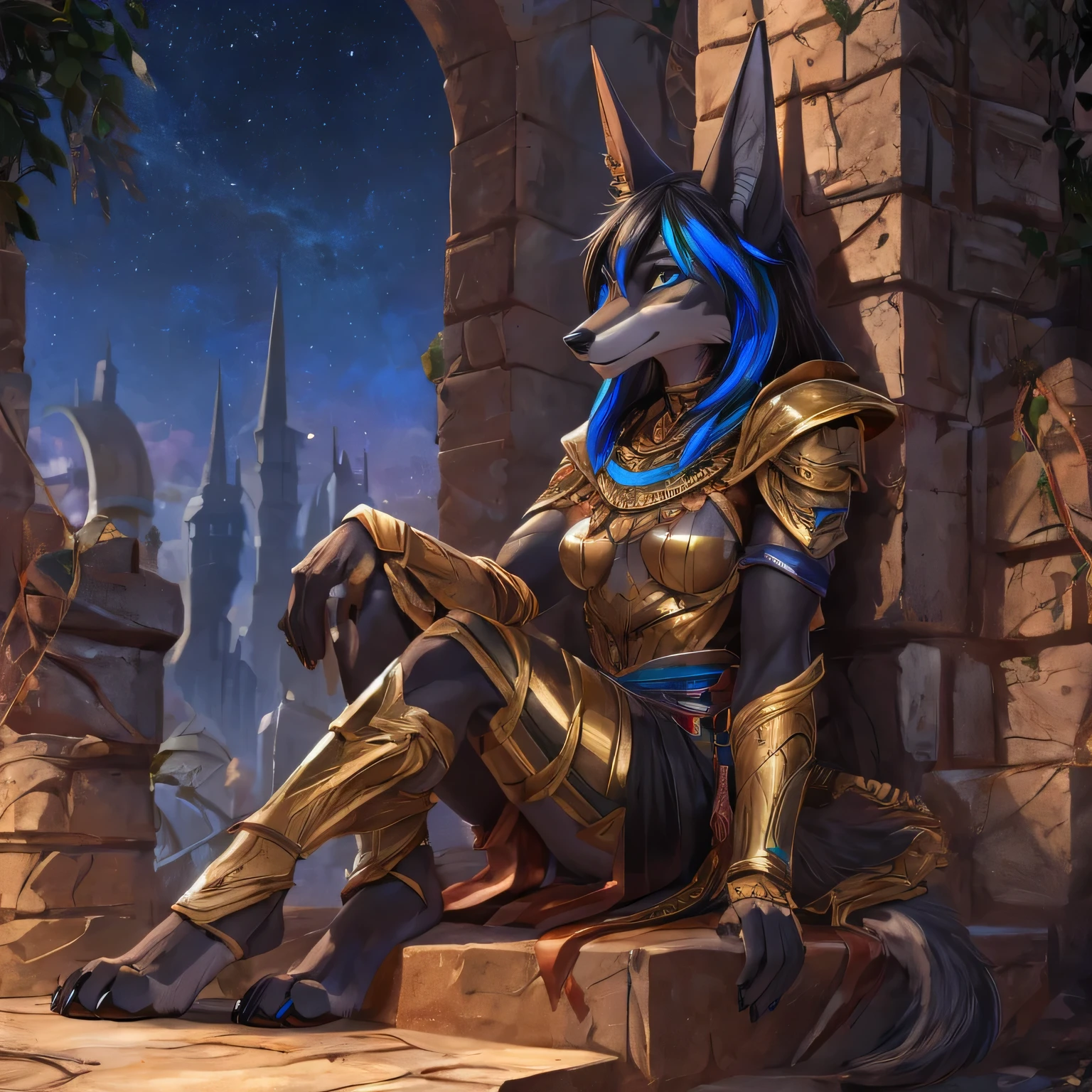 a furry drawing of a female sitting on a wall, full body picture, digitigrade legs, wolf paws, wolf foot paws, wearing golden jackal armor with blue highlights, jackal warrior, attractive jackal girl, female anubis, ((black hair with blue highlights 1.2)), ((Detailed eyes 1.2)), ((Detailed hands 1.5)), black muzzle, solo, anthropomorphic jackal ninja, furry fantasy art, anthromorphic jackal, jackal girl, female anthropomorphic wolf, anthropomorphic female jackal, walking across picture, face turned to viewer